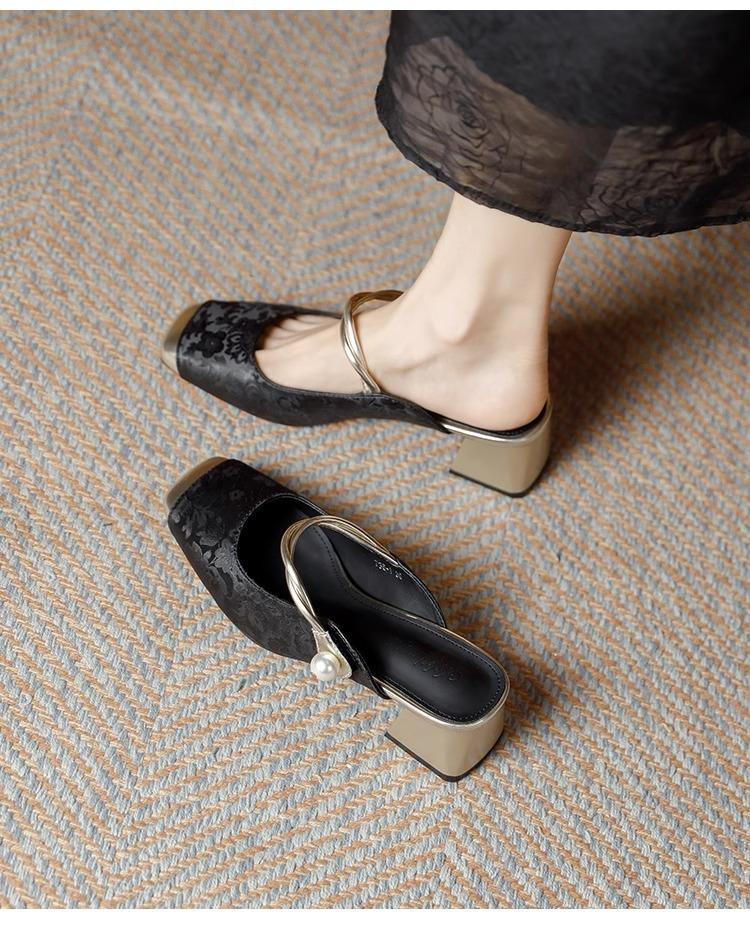 

New Chinese style Mary Jane slippers women s 2025 new printed bag head slippers summer one-word with outer slippers 40 чорний