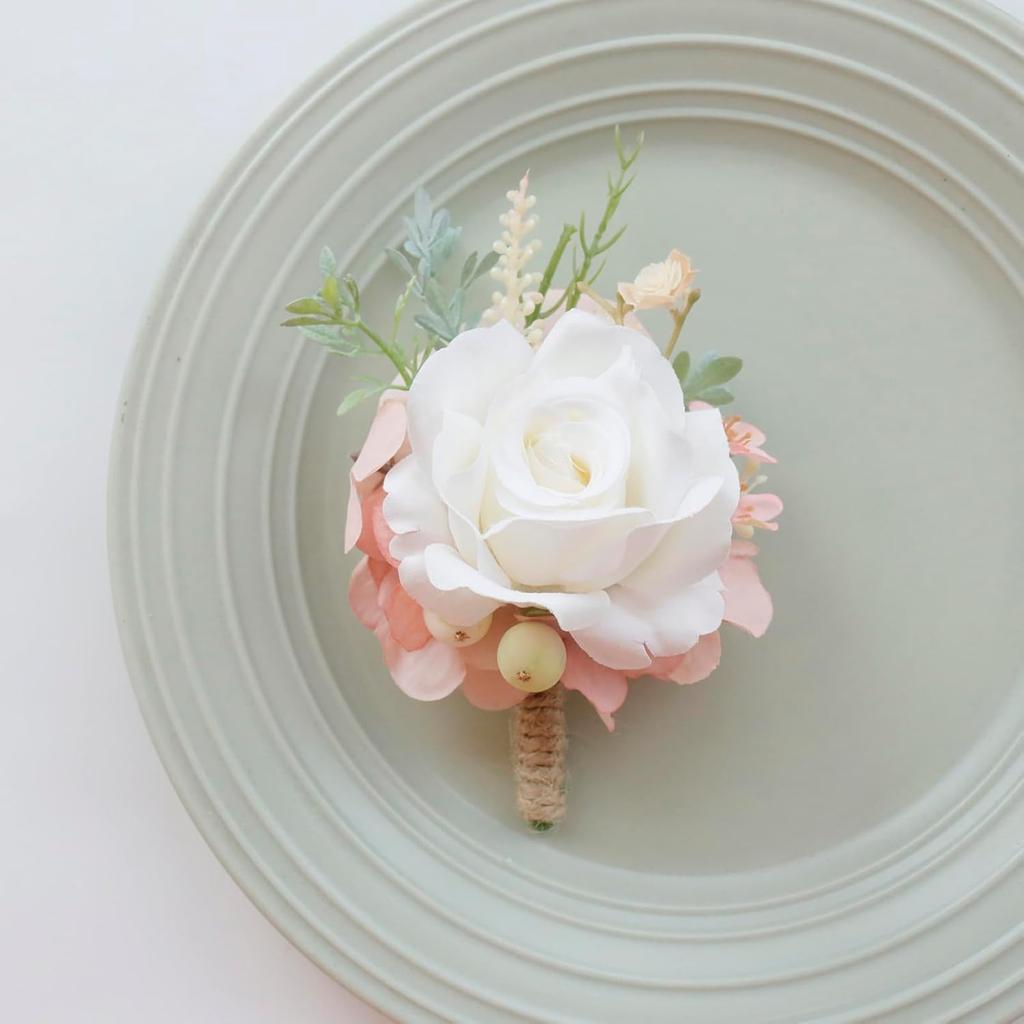 MAFELOE Wrist Corsage and Boutonniere Set Artificial Rose Flowers Accessories for Groom Bride Groomsmen Bridesmaids Wedding Party Prom Suit- Creamy