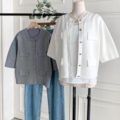 New Arrivals Open Run Short Sleeve Cardigan Gold Button Round Open Spring Knit