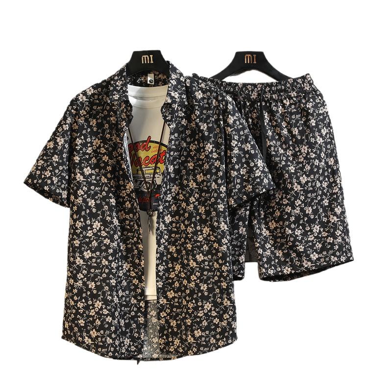 2026 Men's Cotton Beach Vacation Set, Shirt with Matching Drawstring Shorts, 11 Print Options Stylish Summer Suits, Asian Size