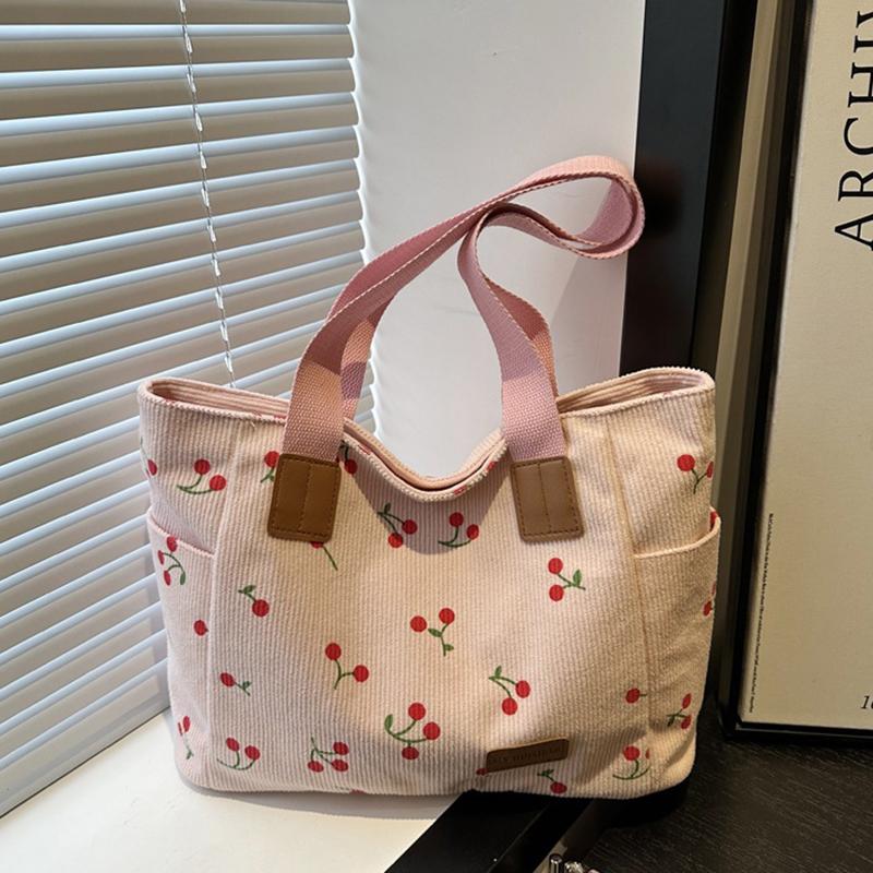 

Вельветовая сумка-тоут Милая сумка с нашивкой вишни для женщин Тканевая сумка-тоут большой вместимости Сумка через плечо Повседневные сумки под мышкой 39x14x26cm розовый