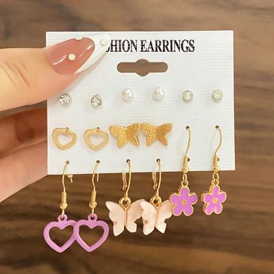 Fashion Diamond Butterfly Pink Lovely Pendant Earrings Set Flower Earrings Jewelry Elegant Pendant Earrings Set Temperament Earrings Women's Earrings