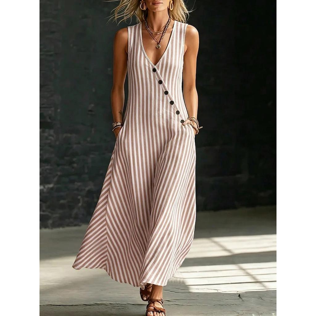 Spring Summer Sleeveless V Neck Striped Midi Dress Button Down Lazy Style Crossborder Women Dress