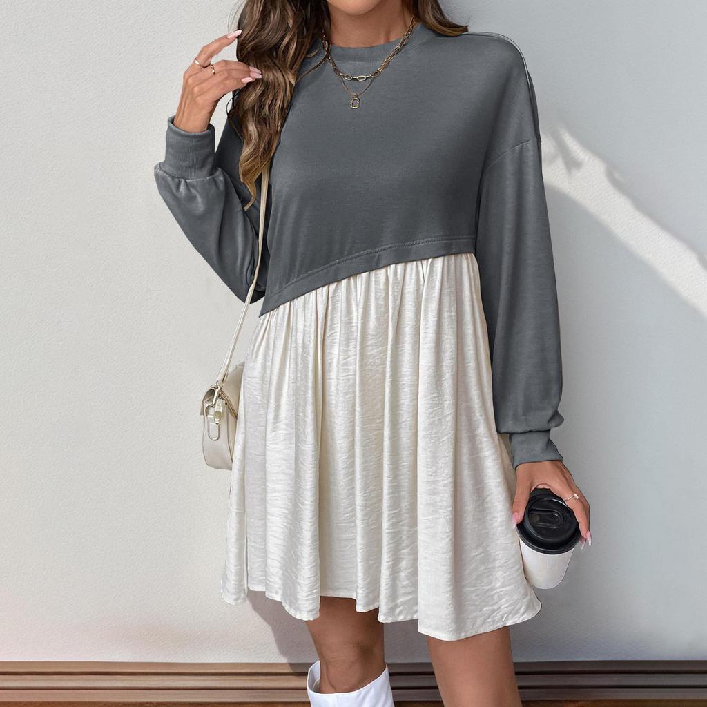 Women Long Sleeve A Line High Waist Pleated Color Block O Neck Long Dress Spring Summer