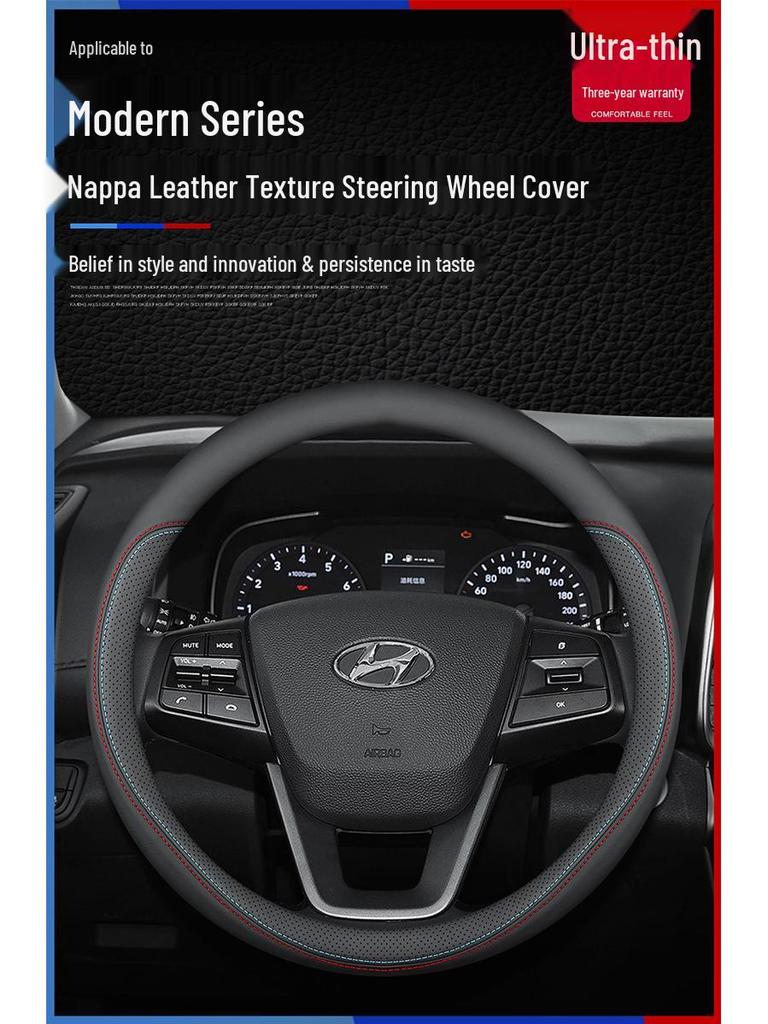 Echte Lederlenkradabdeckung für Hyundai: Elantra, Sonata, Santa Fe, ix35, Tucson, Feista, Mingtu - Ultradünnes Design.