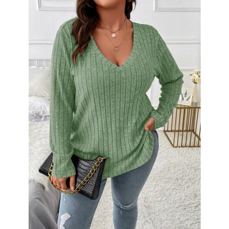 New V Neck Long Sleeve Casual Plus Size Loose Blouse Solid Color Women Large Casual Office Fashion Elegant Long Sleeve Tos Pit Strip Tshirt Clothes