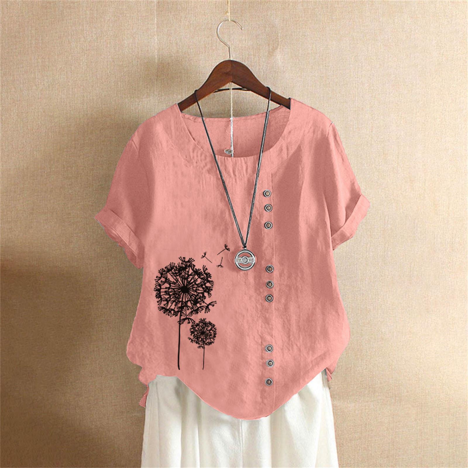 Летняя оверсайз хлопково-льняная футболка с коротким рукавом, Хлопково-льняная печатная оверсайз женская одежда S розовый