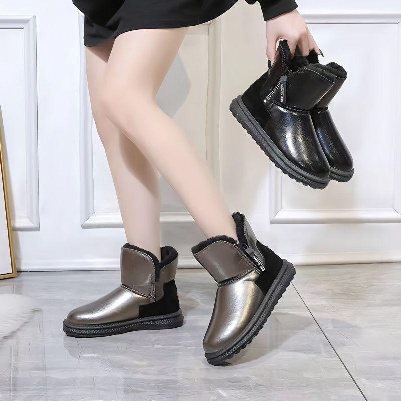 Flat Waterproof Leather Ladies Shoes Round Toe Plush Warm Booties 2025 New In Chic and Elegant Winter Novelty Women's Snow Boots
