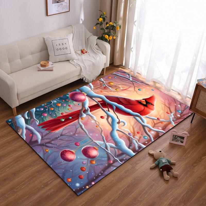 Red Cardinal Bird on Snowy Branches and Ornaments Non-slip rug suitable for living room and bedroom sofas