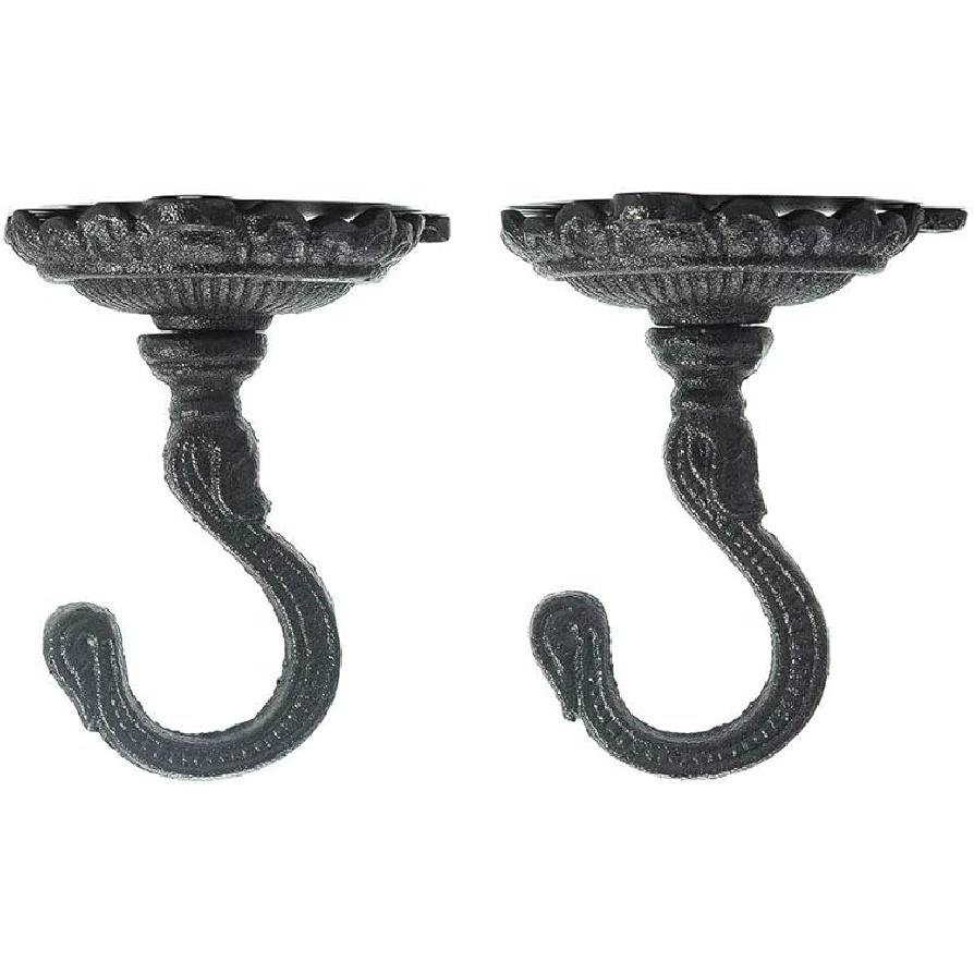 Sungmor Heavy Duty Ceiling Hooks for Hanging Plants, 2PC Black 3.5x3.9Inch Large Cast Iron Ceiling Hooks, Antique Decorative Ceiling Swag Hooks for