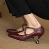 New Leather Single Shoes Women's Round Head Casual Foot Cover Beef Tendon Sole Women's Small Leather Shoes Black High Heel Large Size Shoes Stiletto