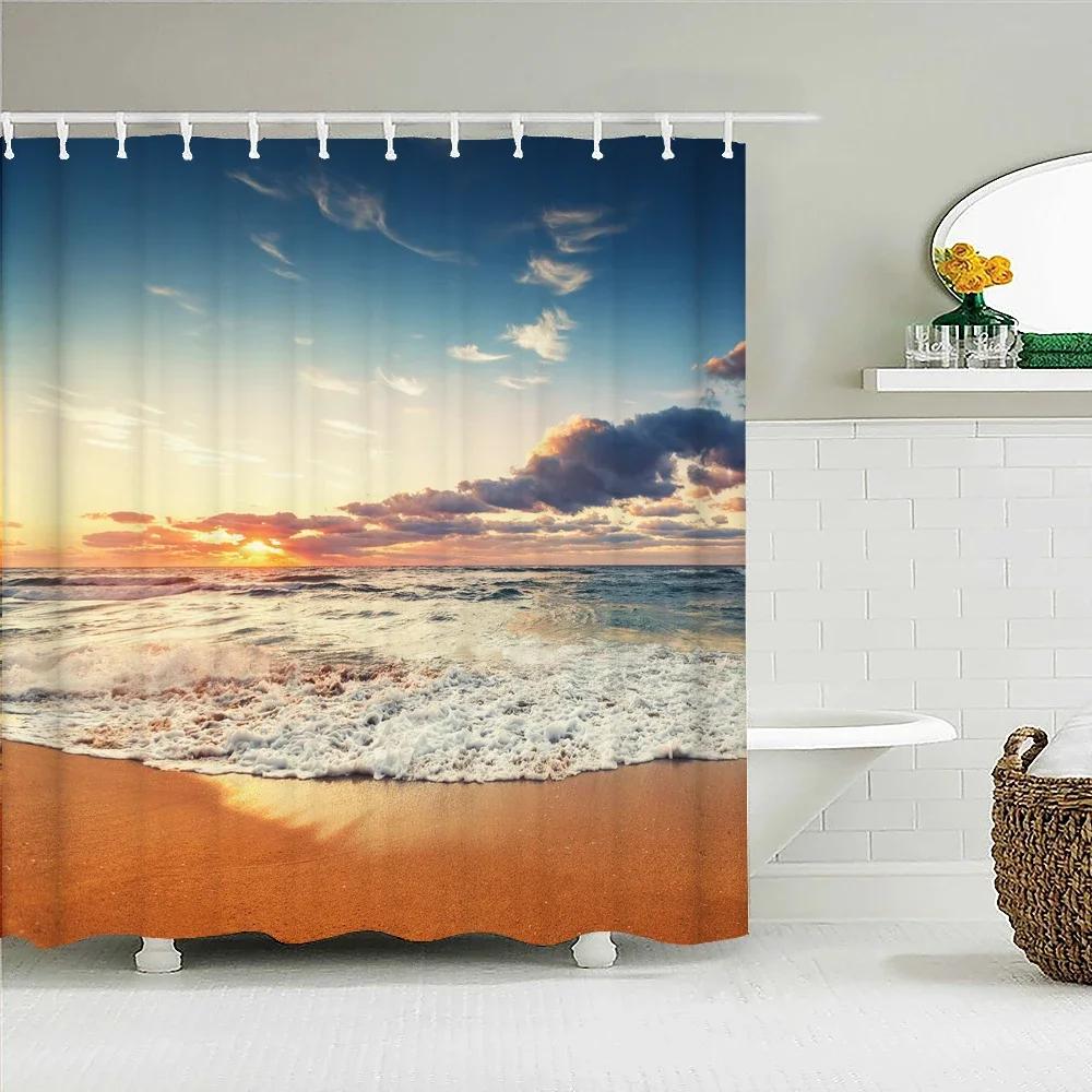 Sunlight Ocean Beach Fabric Shower Curtain Bathroom Curtains Sunset Dusk Sea Animal Dolphin Bath Screen with 12 Hooks 300x180
