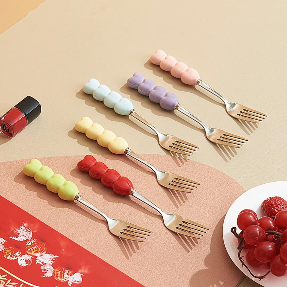 6pcs Fork and Spoon Set Heart-shaped Ceramic Stainless Steel Fork Spoon High Temperature Underglaze Color INS Style Craft Spoon