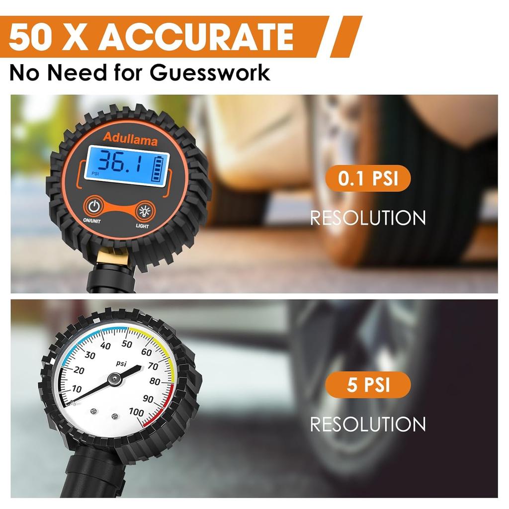 Digital Tire Pressure Gauge With Inflator, 250 PSI Heavy Duty Air Chuck Air Compressor Attachments, Improved Leaks Protection & Stainless Braided