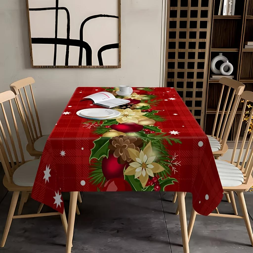 Festive Red Tablecloth with Decorative Elements - Thick Fabric, Easy To Clean, Machine Washable, Perfect for Party and Holiday Decoration