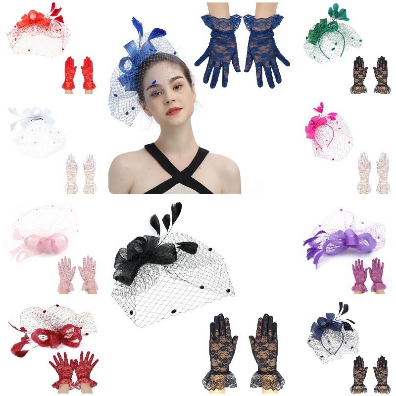 Oberoende Förpackning Spetshandskar Och Vintage Slöja Pannband Set För Bröllop Rese Souvenirer Personal Förmåner Ha5082 Set