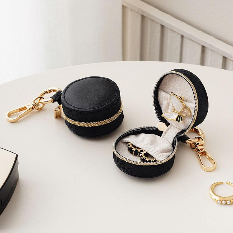 Portable Faux Leather Jewelry Storage Box with Zipper Closure - Compact Round Design, Travel Bag Pendant Earring Ring StorageBox