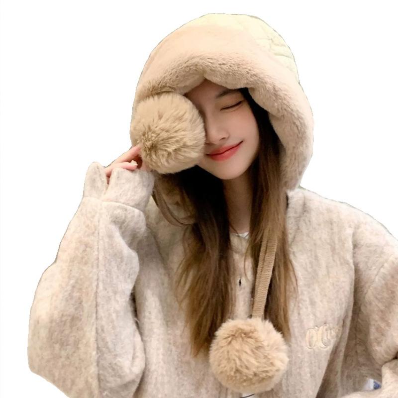 Autumn and winter women's fashion versatile cute hairball ear protection hat cold-proof thickened fluff cap pullover hat tide