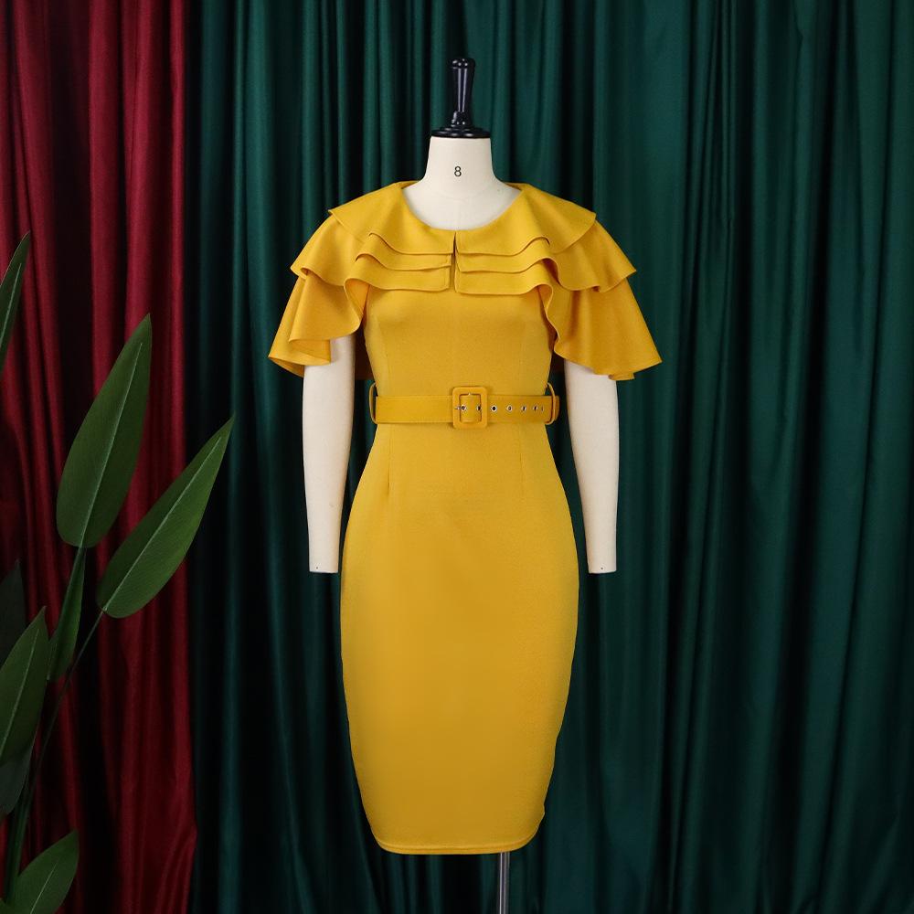 Großes Damen-Sommermode-Rüschenkleid, einteiliges, einfarbiges Etuikleid mit Gürtel