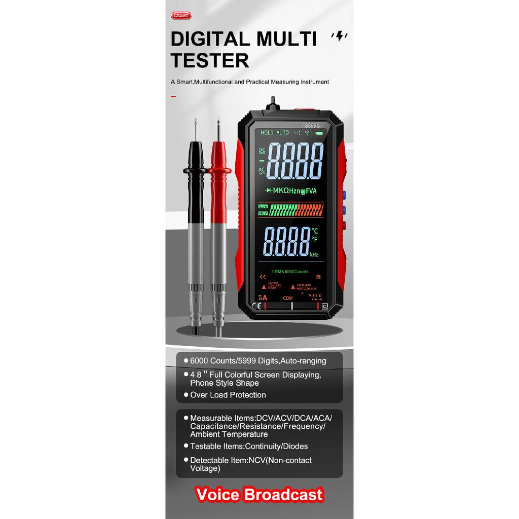Voice Broadcast Digital Multimeter 6000 Counts Auto-ranging DMM Multi Tester Easy To Read with Carry Case for Continuity Diode N