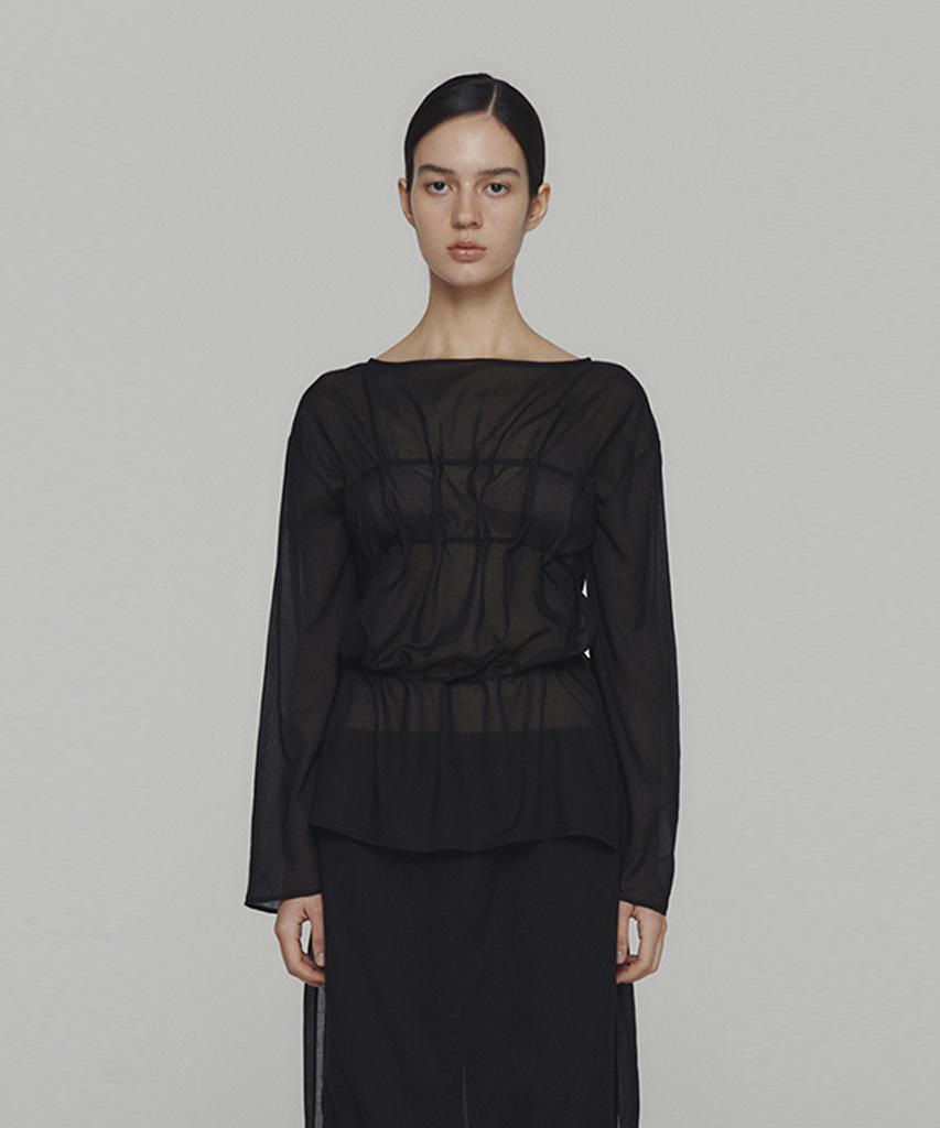 Amomento Sheer Cotton Drawstring Top_Black