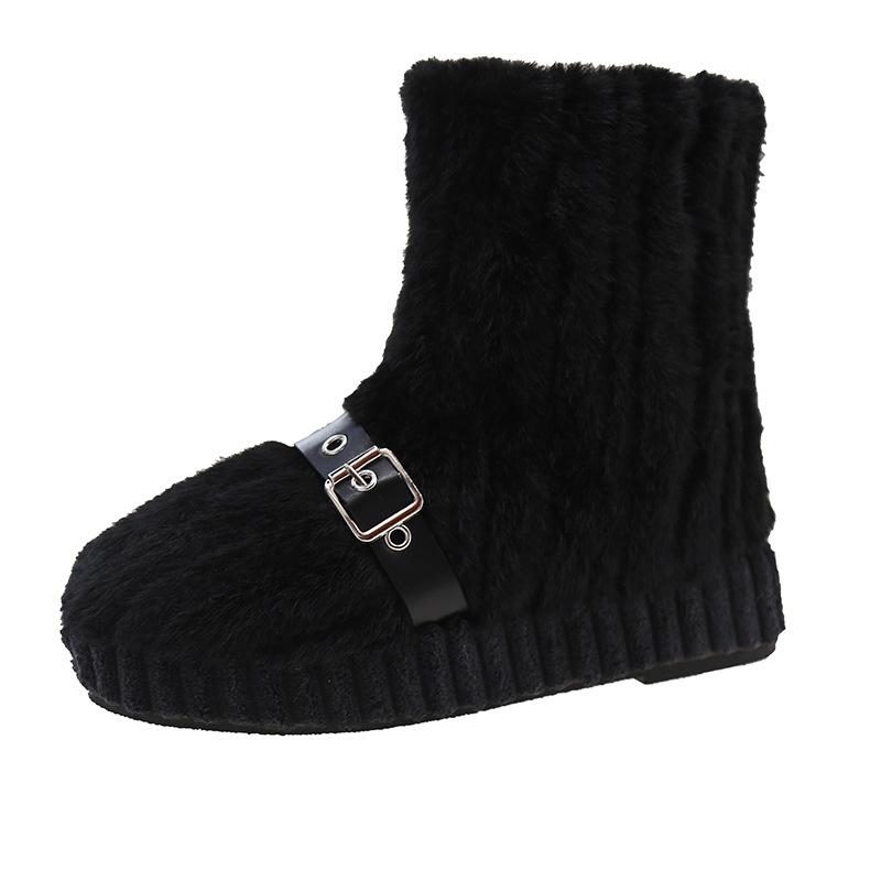 Fashion hairy side zipper thick-soled snow boots winter warm velvet belt buckle casual short boots tide