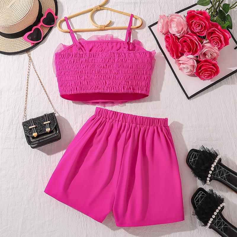 Girls' European & American 3D Flower Spaghetti Strap Top and Irregular Shorts - 2025 Summer Style Set