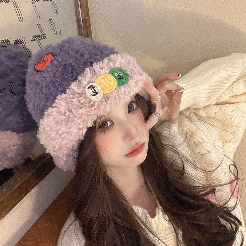 

Dopamine Plush Hat Winter Warm Wool Hat Korean Style Versatile Face Showing Small Knit Hat Big Head Hat Women M（56-58cm）