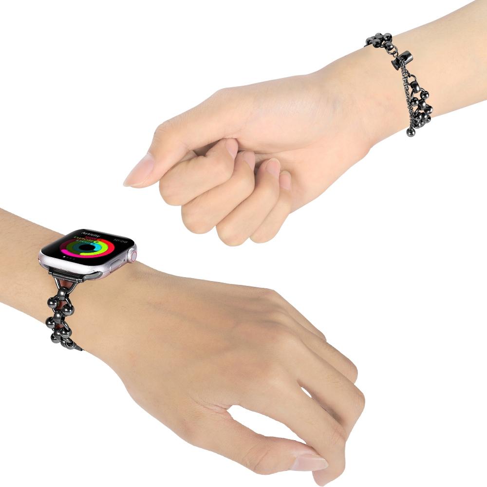

For Apple Watch Series 10 42mm/9 8 7 41mm/6 5 4 SE SE (2022) SE (2023) 40mm/3 2 1 38mm Beads Decor Watch Bracelet Band Metal Wristband Strap Black