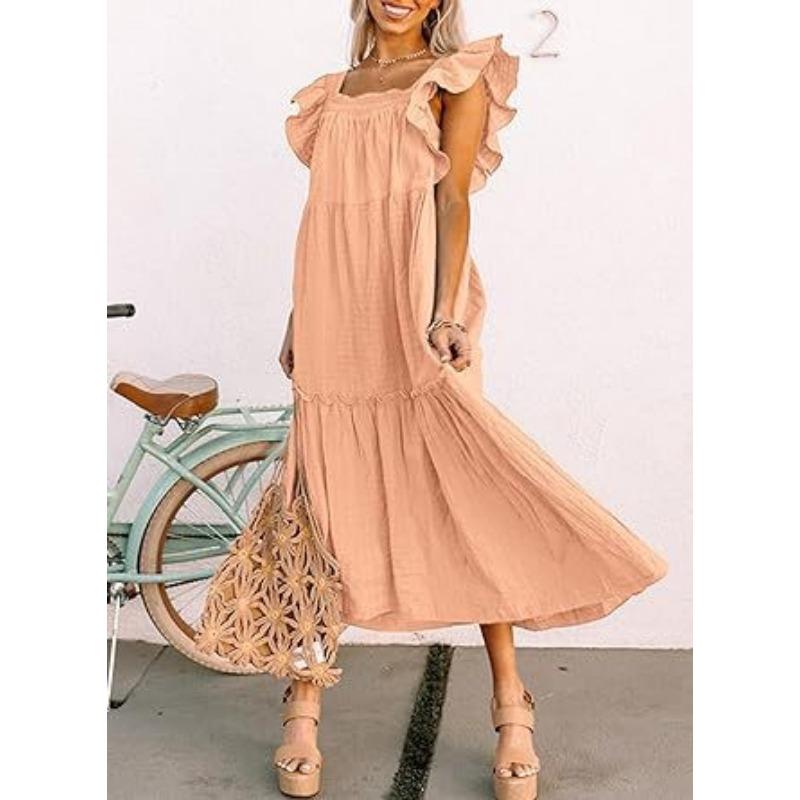 Summer Women's Dress Square Neck Short Sleeve Strapless Pleated Hem Dresses
