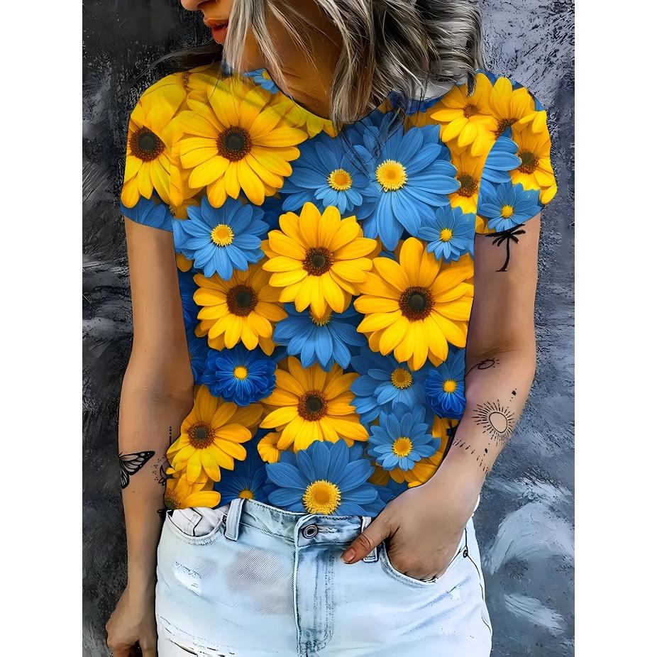 

Женская футболка с цветочным принтом - Ярко-желтая и синяя ромашка, круглый вырез, короткий рукав, всесезонный повседневный топ, женские футболки M синий