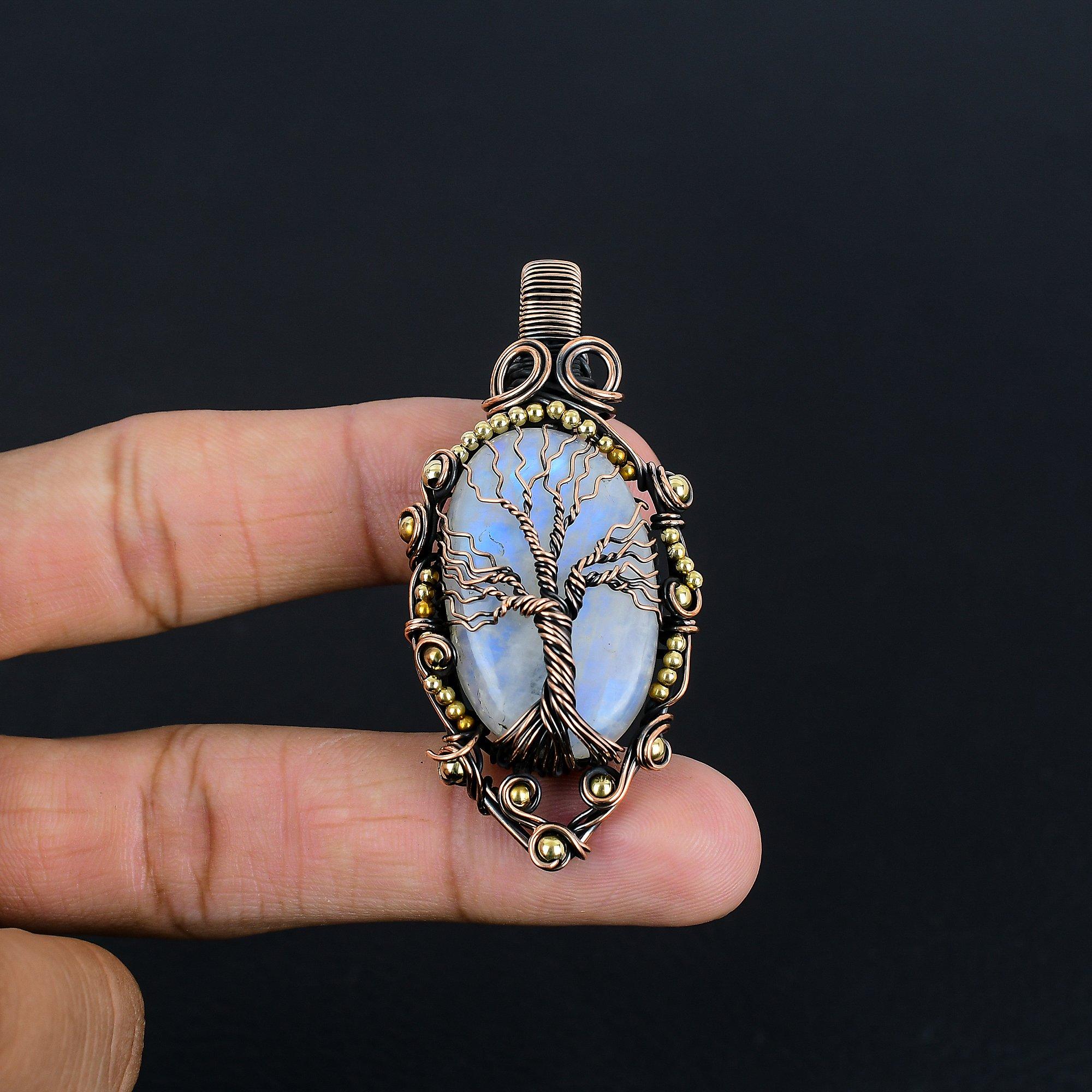 

Кулон Древо Жизни с Радужным Лунным Камнем, Ювелирное изделие из драгоценного камня, Кулон, обернутый медной проволокой 999 пробы, Красивый кулон ручной работы 2.48 Inches