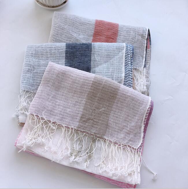 Spring And Summer New Linen Plaid Scarf Long Beach Outdoor Tourism Sunscreen Shawl Women Linen Scarf  And Retail
