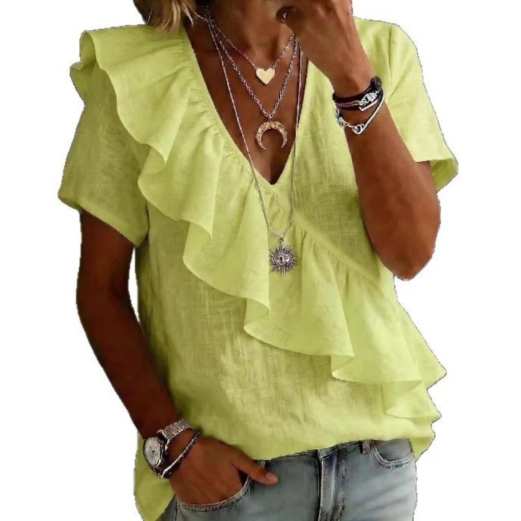 Damen Mode Kurzarm Top Einfarbige V-Ausschnitt Rüschen Europäischer Amerikanischer Stil Strandurlaub Bluse