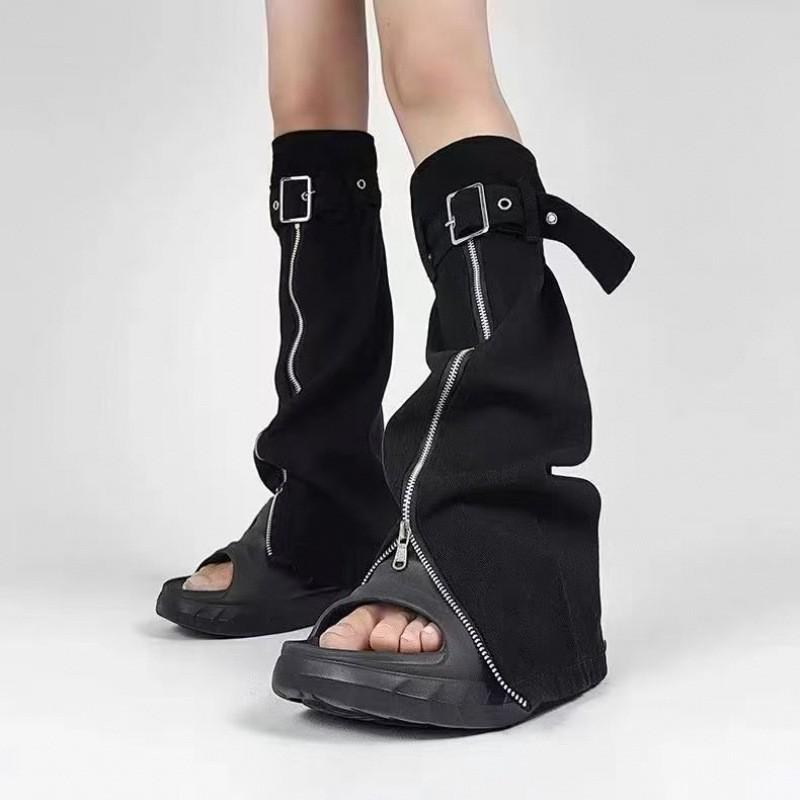 Black Denim Leg Warmers Y2K Punk Style Adjustable Zipper Slim Fit Teens Black