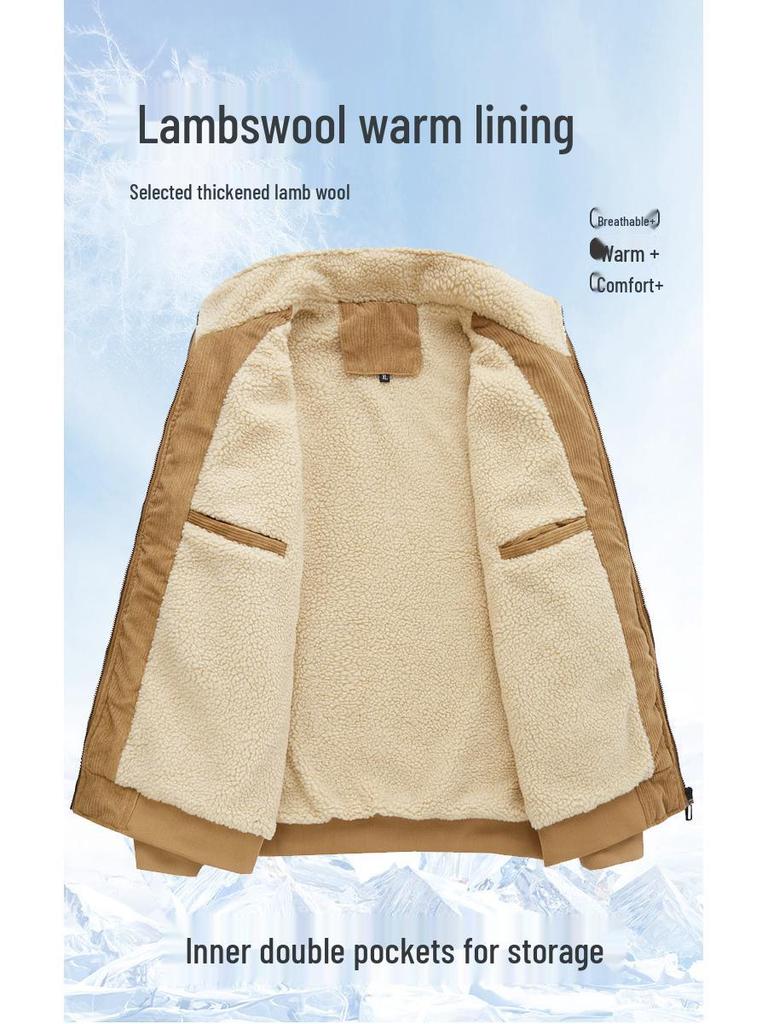 Men's Retro Corduroy Lambswool Jacket - Winter Warm Stand Collar, Mid-weight, Casual Style