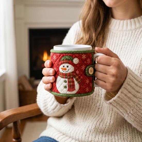 Holiday Quilted Mug Cover Craft Christmas Cozy Sewing Kit, DIY Fabric Kit with Festive Themed Kits Patterns, Sleeve Making for Beginners, Handmade
