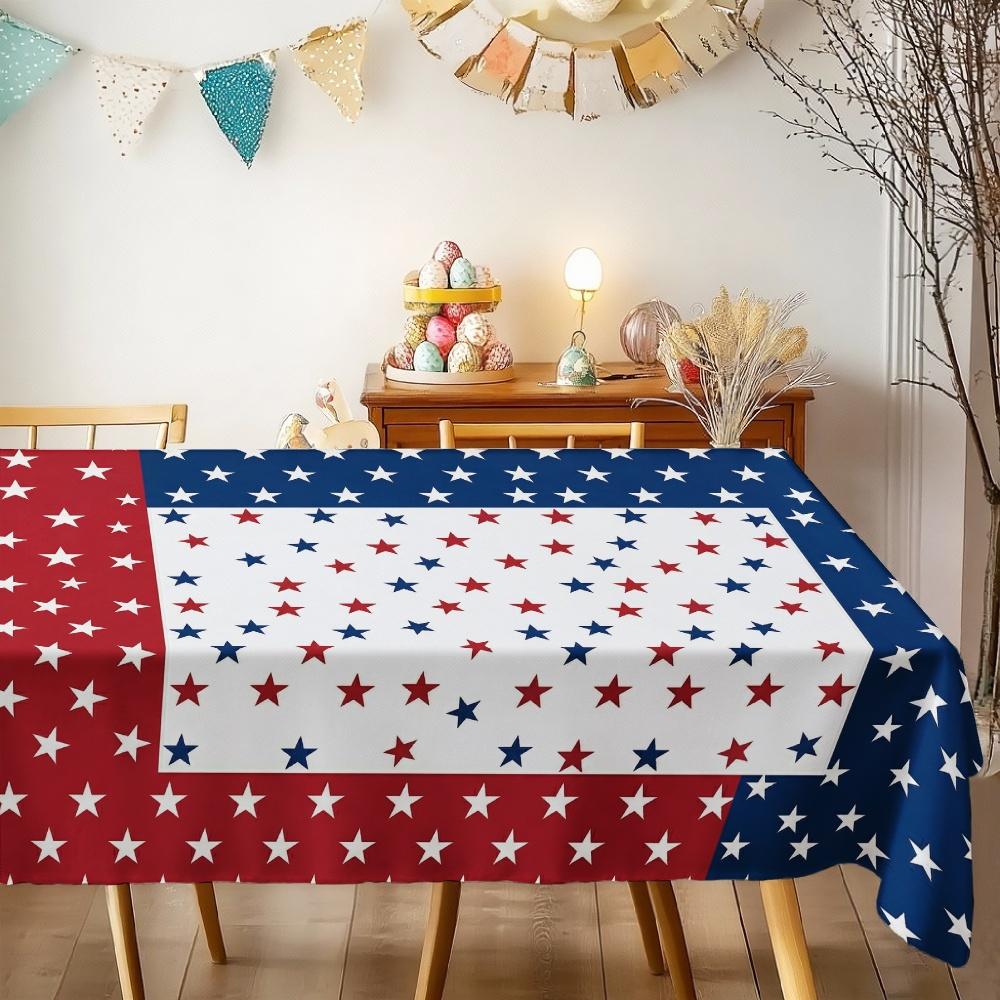 Independence Day Flower Wreath Waterproof Rectangular Tablecloth Red Blue Flower Star USA Flag Tables Cover for Dinner Kitchen