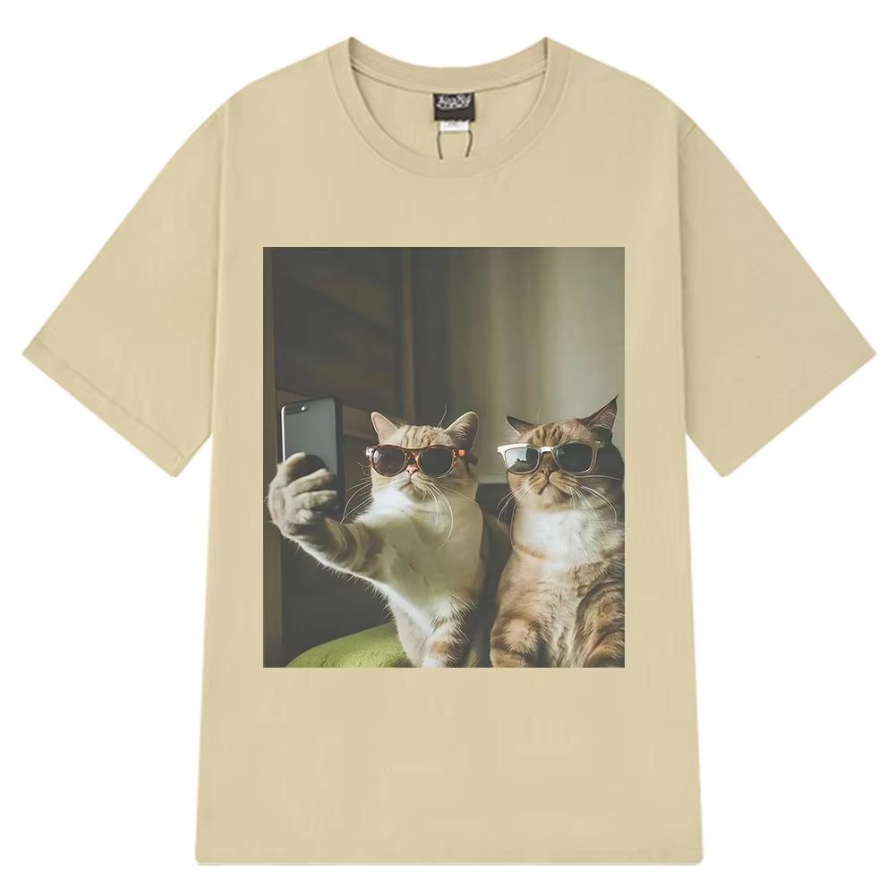 Vintage Selfie Buddy Funny Cat Meme T Shirt Men's Women Harajuku Fashion T-shirts Short-sleeved Cotton Hip-hop Casual T-shirts6