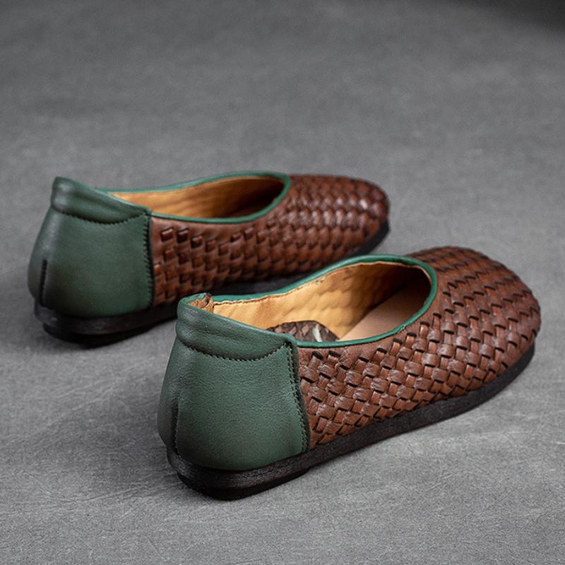 Johnature Vintage Versatile Genuine Leather Woven Flat Shoes Handmade Square Toe Shallow Soft Sole Slip-on Shoes