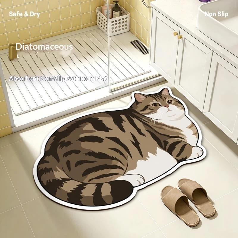 Diatomite Bath Mat Kawaii Cat Print Non Slip Super Absorbent Odor Resistant for Home Bathroom Shower Use