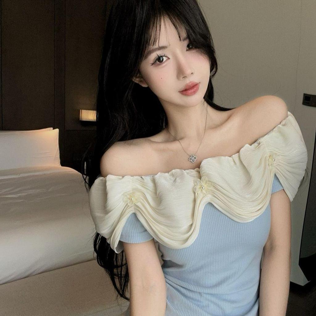 Women's French Floral Off-the-Shoulder Ruffle Top - 2025 Summer Hong Kong Style