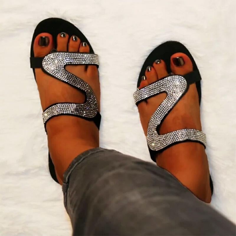 20 summer new wish large size flat bottom set toe girl cool slippers simple rhinestone outer slippers