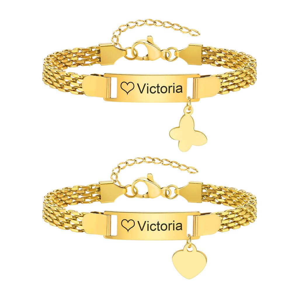 Free Engraving Stainless Steel Custom Bracelets Name Date Gold Color Heart Butterfly Shape For Baby Child's Birthday Gift