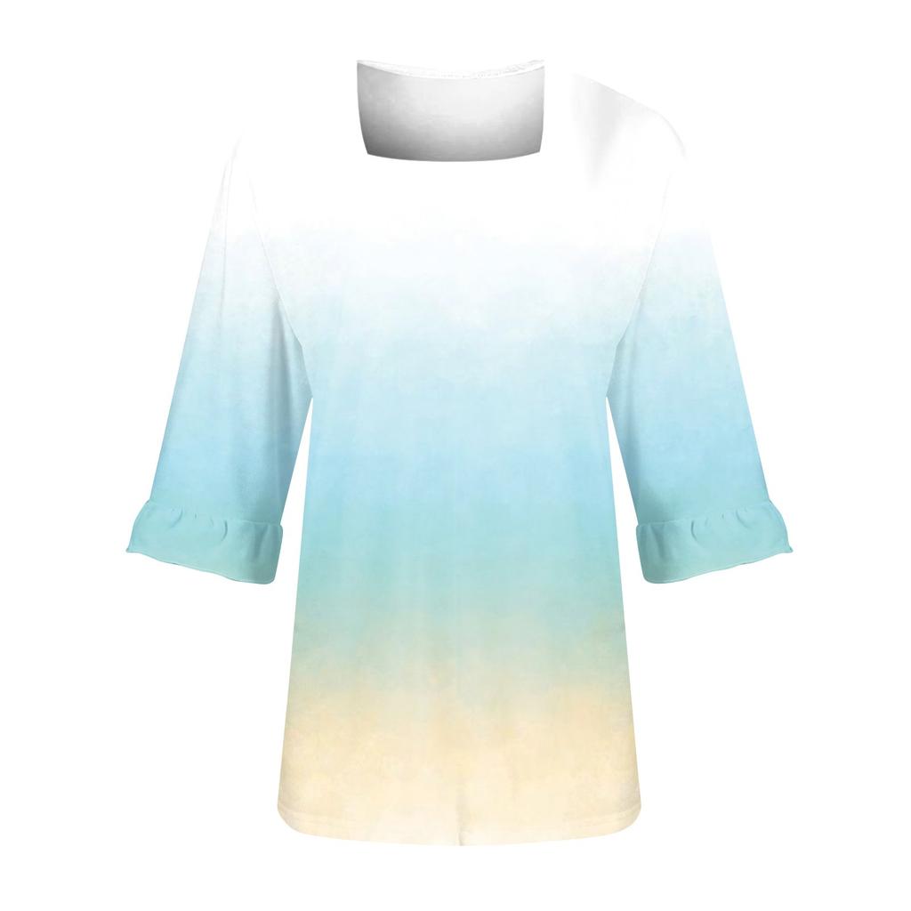 Women's Casual 3/4 Sleeve Tops Summer Square Neck T Shirts Ruffle Loose Fit Tunic Blouses