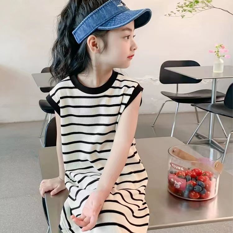 Summer Girls Block Striped Sleeveless Dress Trendy Princess Kids Fashion Vest Dress