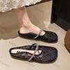 Women Shoes 2025 Summer New Breathable Mesh Non Slip Half Drag Shoes Outdoor Rhinestone Hollow Mary Jane Flat Sandals