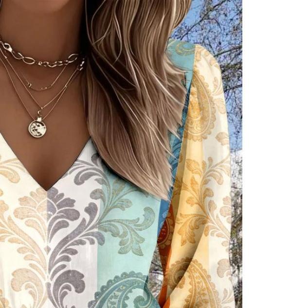 Lady Bohemian Retro Western Style V-Neck Shirt - Lantern Sleeve Top, suitable for casual outfits and vacation wear. Regular fit without stretch.