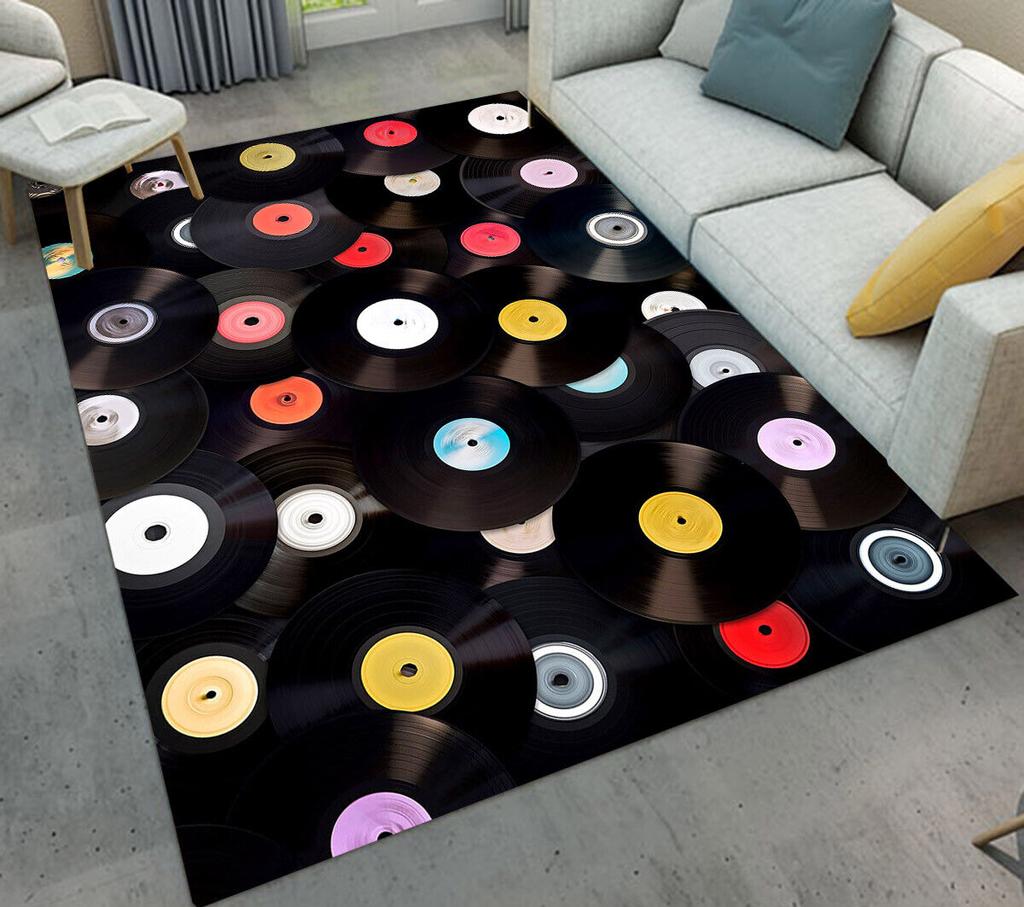 Record Area Rug CD Card Living Room Rugs Vintage Disc Print Decor Doormat Music Theme Carpet Non Slip Soft Indoor Floor Mat
