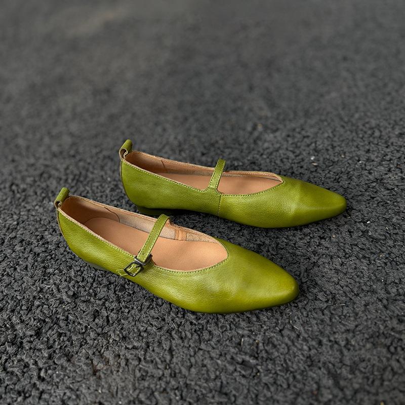 Johnature Retro Buckle Strap Pointed Toe Soft Soled Soft Cowhide Women's Genuine Leather Flats Shoes